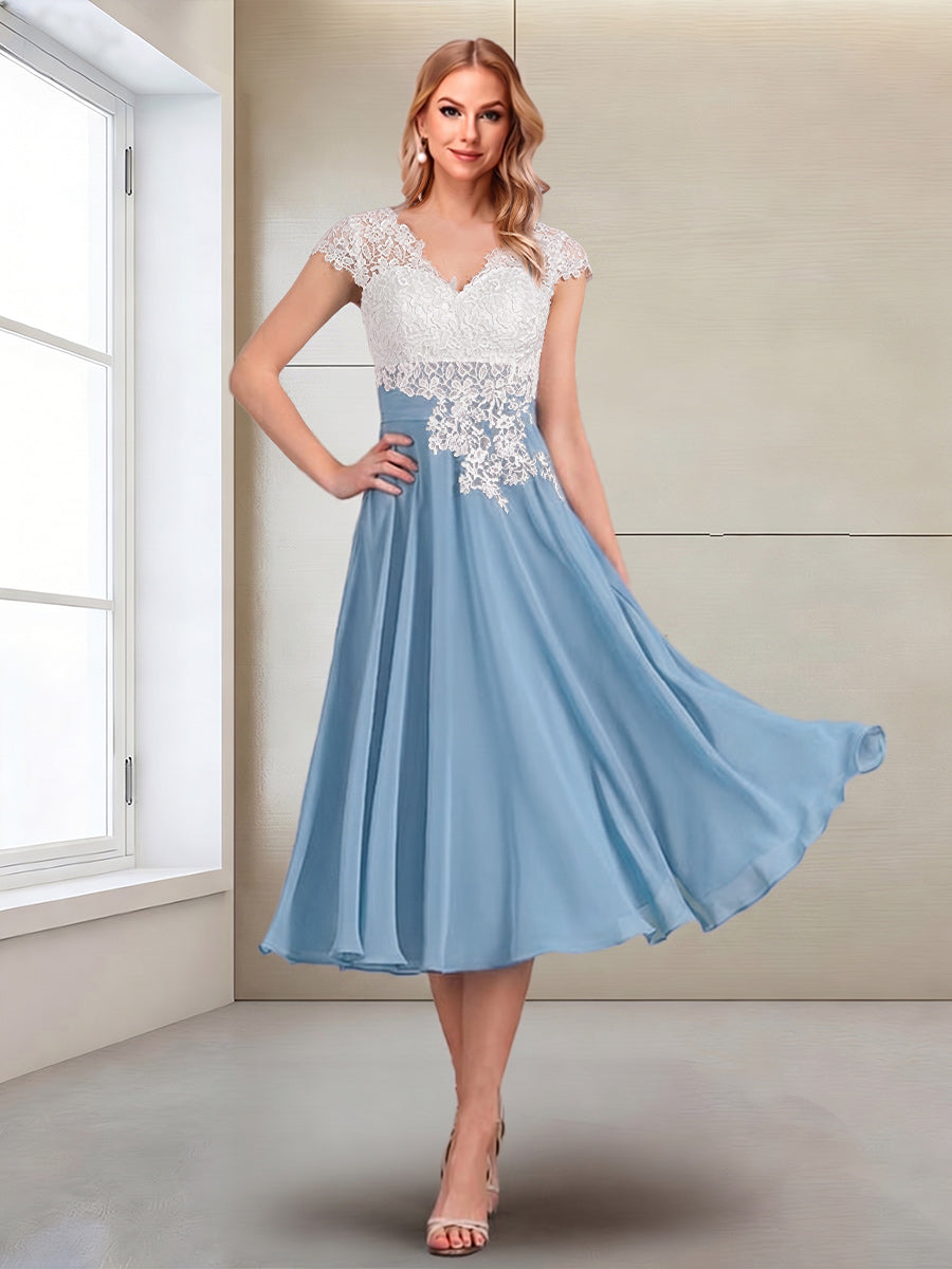 A-Line/Princess Cap Sleeves V-Neck Tea-Length Mother of the Bride with Appliques