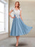 A-Line/Princess Cap Sleeves V-Neck Tea-Length Mother of the Bride with Appliques