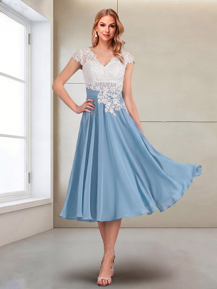 A-Line/Princess Cap Sleeves V-Neck Tea-Length Mother of the Bride with Appliques