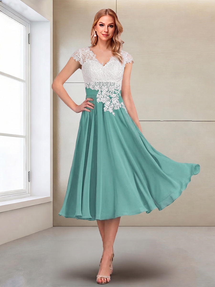 A-Line/Princess Cap Sleeves V-Neck Tea-Length Mother of the Bride with Appliques