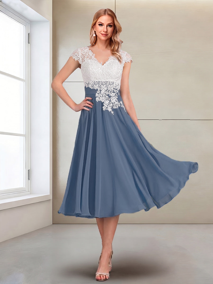 A-Line/Princess Cap Sleeves V-Neck Tea-Length Mother of the Bride with Appliques