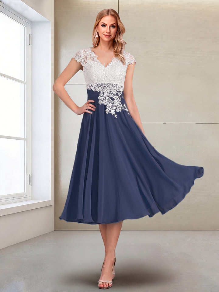 A-Line/Princess Cap Sleeves V-Neck Tea-Length Mother of the Bride with Appliques