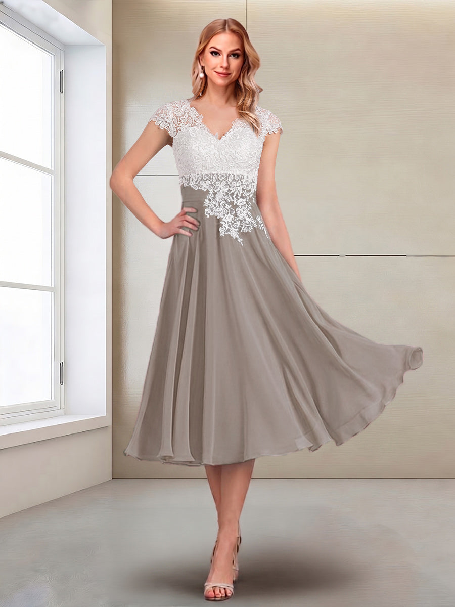 A-Line/Princess Cap Sleeves V-Neck Tea-Length Mother of the Bride with Appliques
