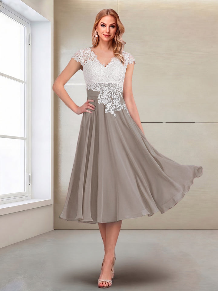 A-Line/Princess Cap Sleeves V-Neck Tea-Length Mother of the Bride with Appliques