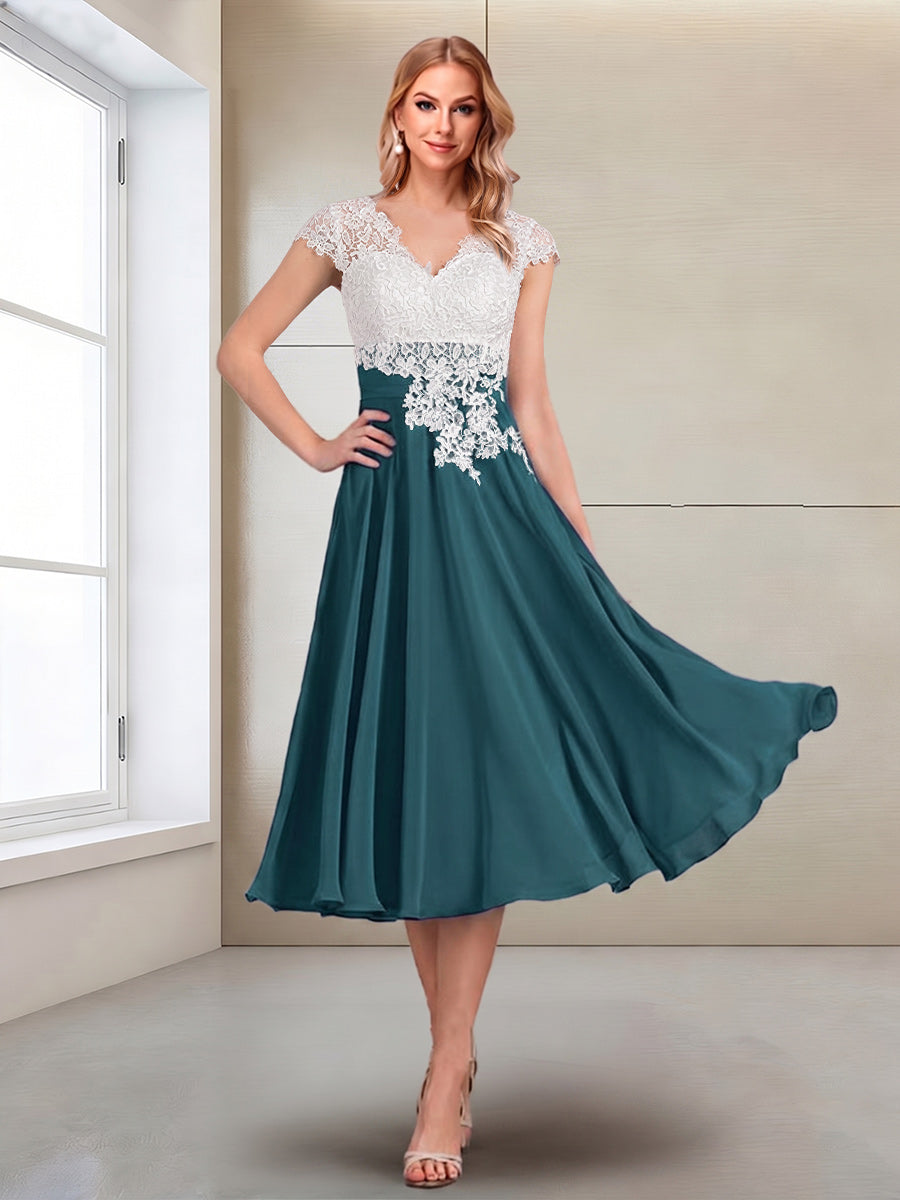 A-Line/Princess Cap Sleeves V-Neck Tea-Length Mother of the Bride with Appliques