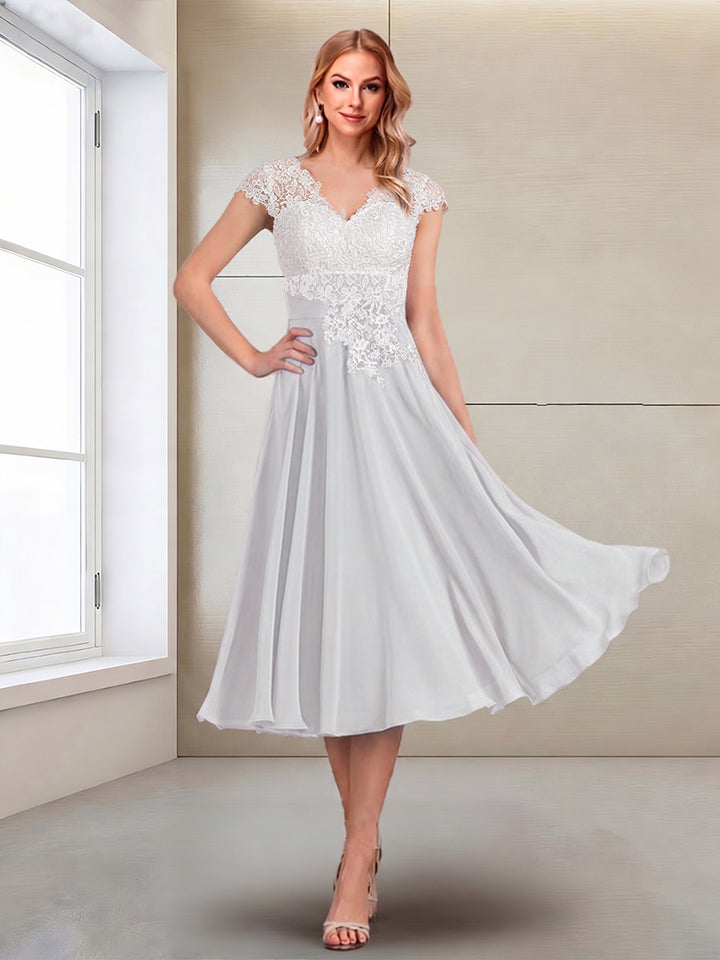 A-Line/Princess Cap Sleeves V-Neck Tea-Length Mother of the Bride with Appliques