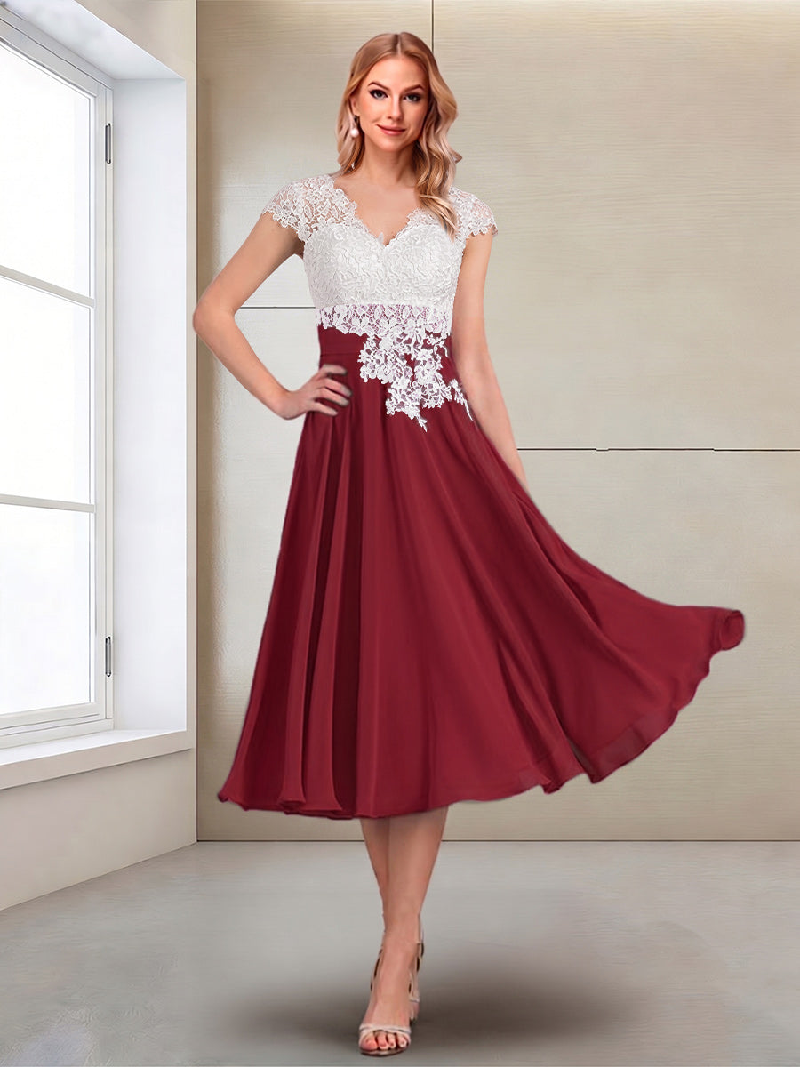A-Line/Princess Cap Sleeves V-Neck Tea-Length Mother of the Bride with Appliques