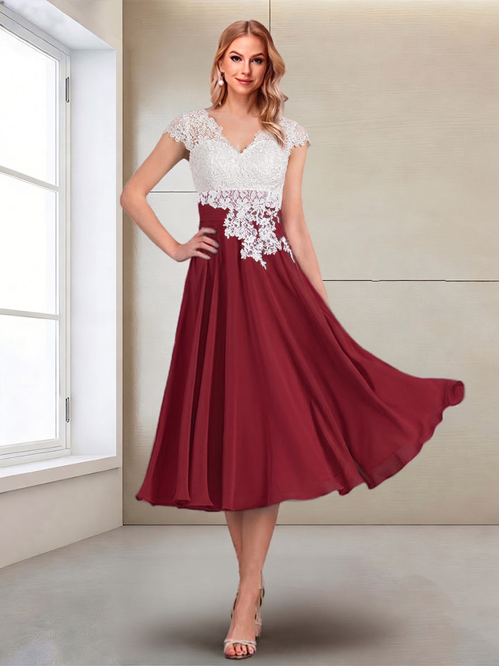 A-Line/Princess Cap Sleeves V-Neck Tea-Length Mother of the Bride with Appliques
