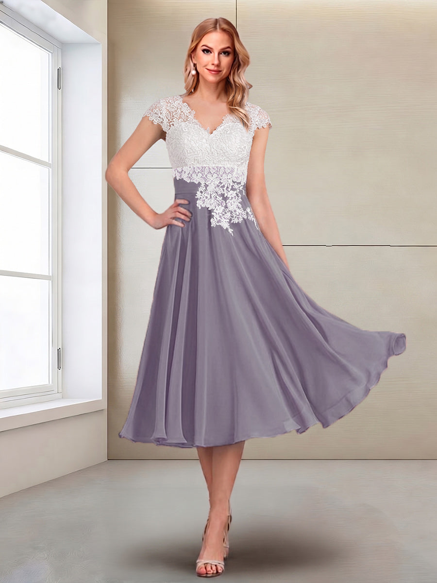 A-Line/Princess Cap Sleeves V-Neck Tea-Length Mother of the Bride with Appliques