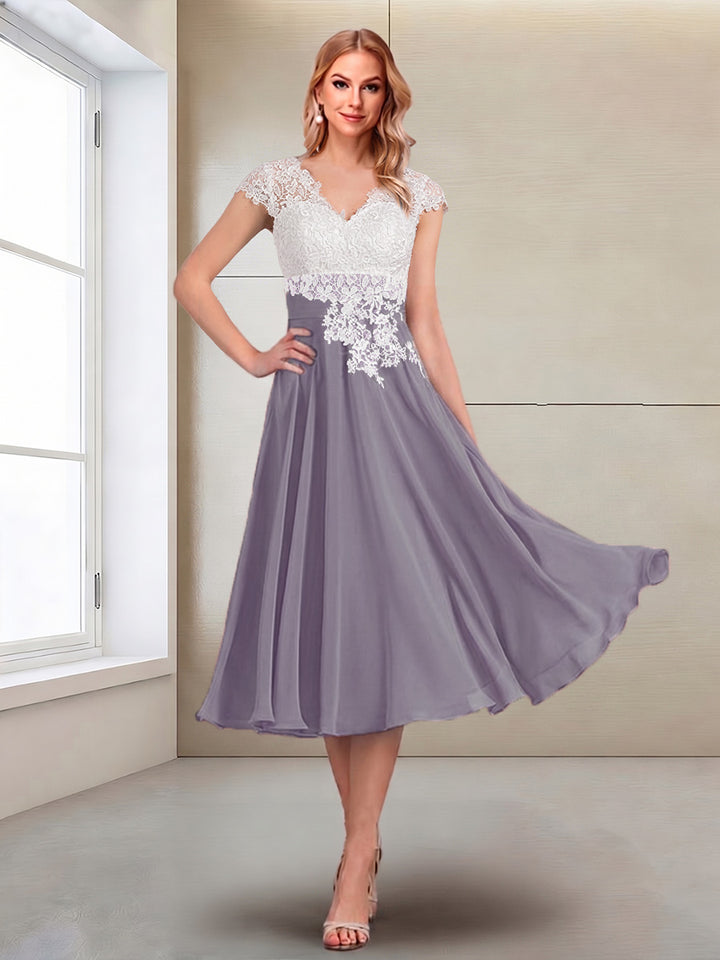 A-Line/Princess Cap Sleeves V-Neck Tea-Length Mother of the Bride with Appliques