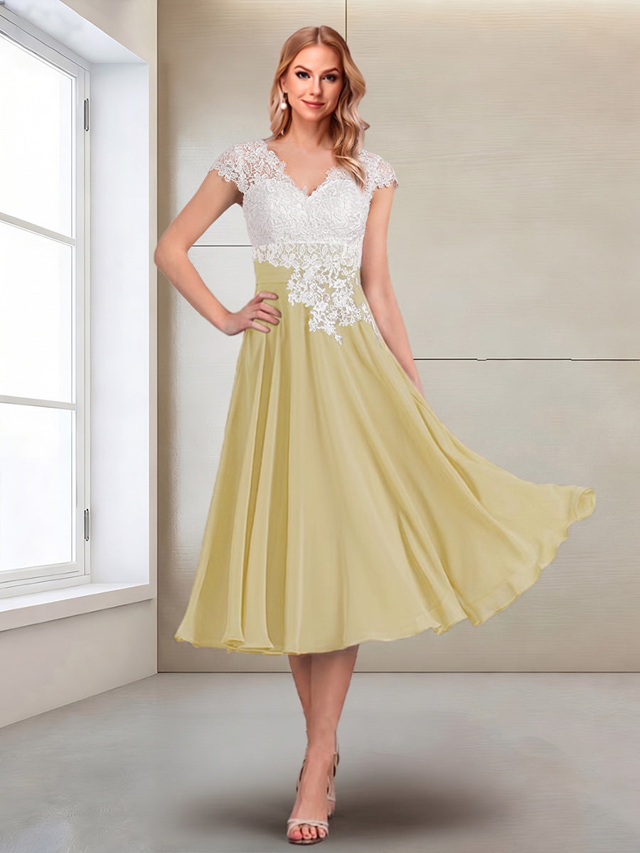 A-Line/Princess Cap Sleeves V-Neck Tea-Length Mother of the Bride with Appliques