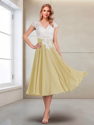 A-Line/Princess Cap Sleeves V-Neck Tea-Length Mother of the Bride with Appliques