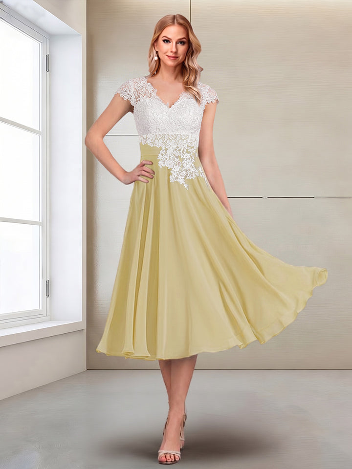A-Line/Princess Cap Sleeves V-Neck Tea-Length Mother of the Bride with Appliques