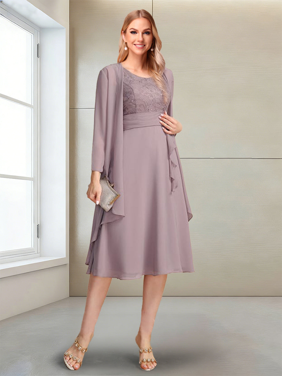 A-Line/Princess Long Sleeves Scoop Tea-Length Mother of the Bride with Sequins &amp; Beading