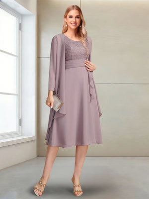 A-Line/Princess Long Sleeves Scoop Tea-Length Mother of the Bride with Sequins & Beading