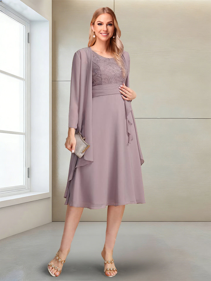 A-Line/Princess Long Sleeves Scoop Tea-Length Mother of the Bride with Sequins &amp; Beading