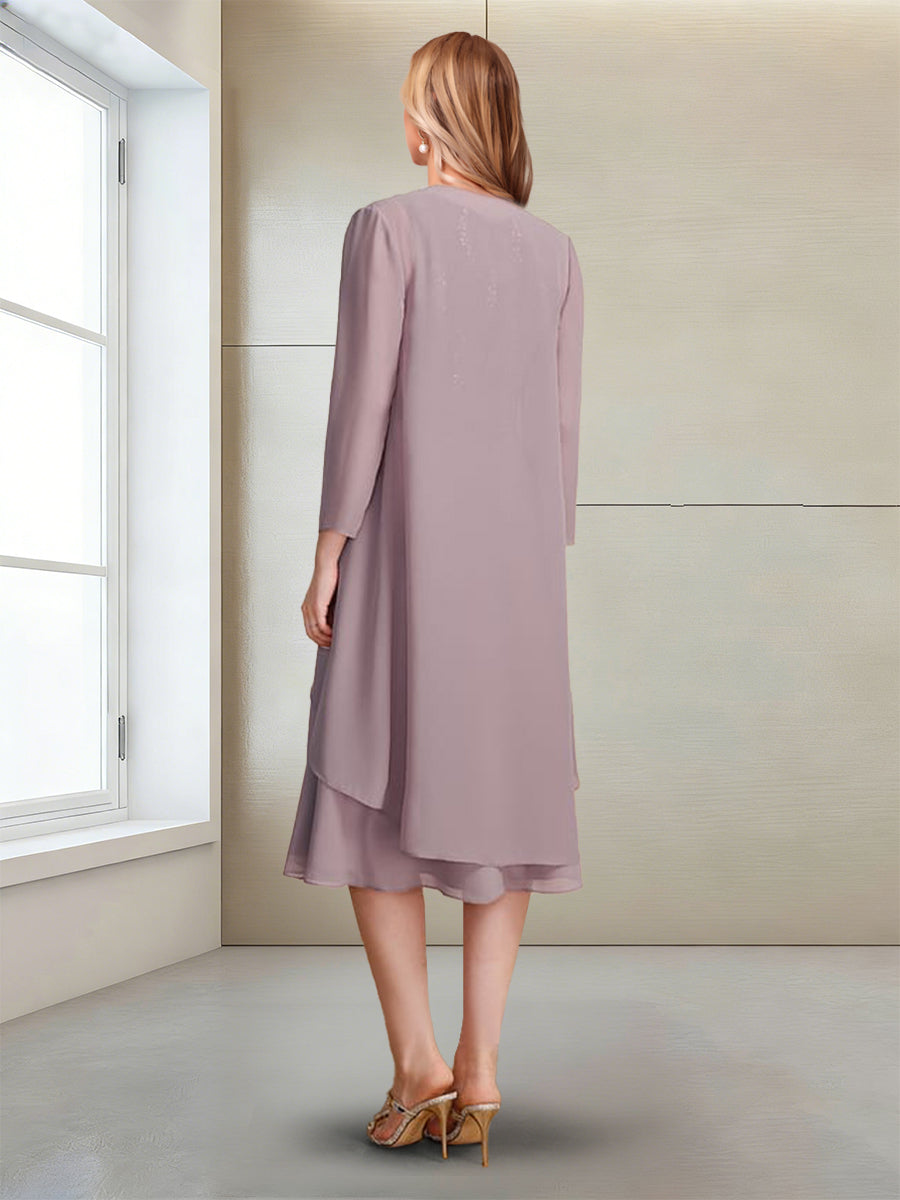 A-Line/Princess Long Sleeves Scoop Tea-Length Mother of the Bride with Sequins &amp; Beading