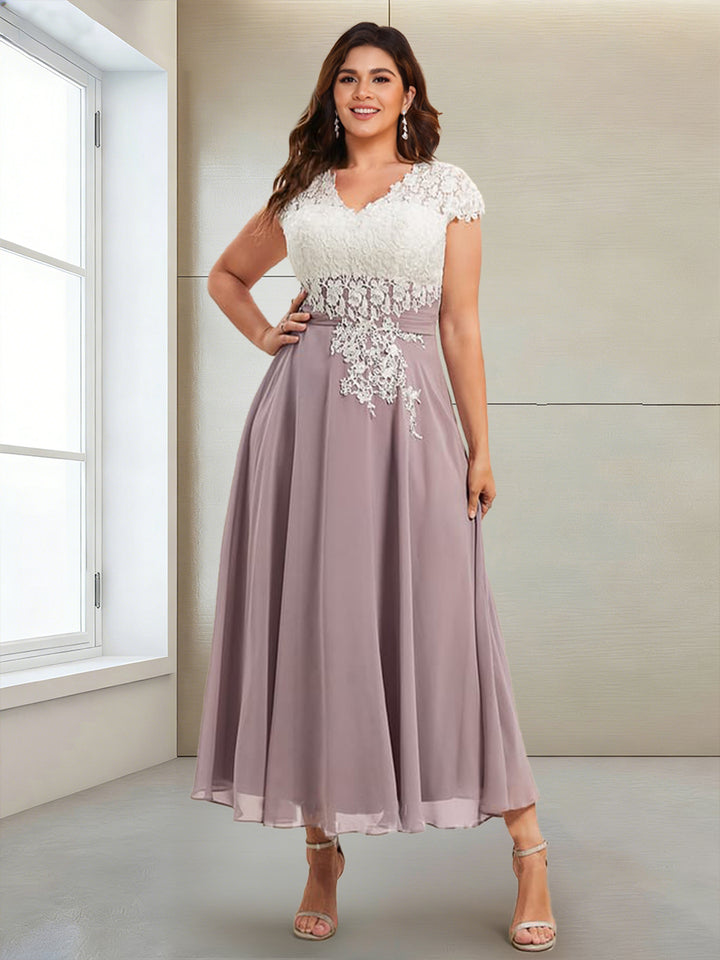 A-Line/Princess Cap Sleeves V-Neck Tea-Length Plus Size Mother of the Bride Dresses with Appliques