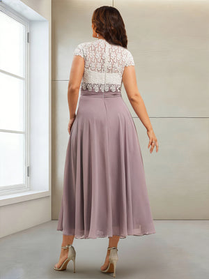 A-Line/Princess Cap Sleeves V-Neck Tea-Length Plus Size Mother of the Bride Dresses with Appliques