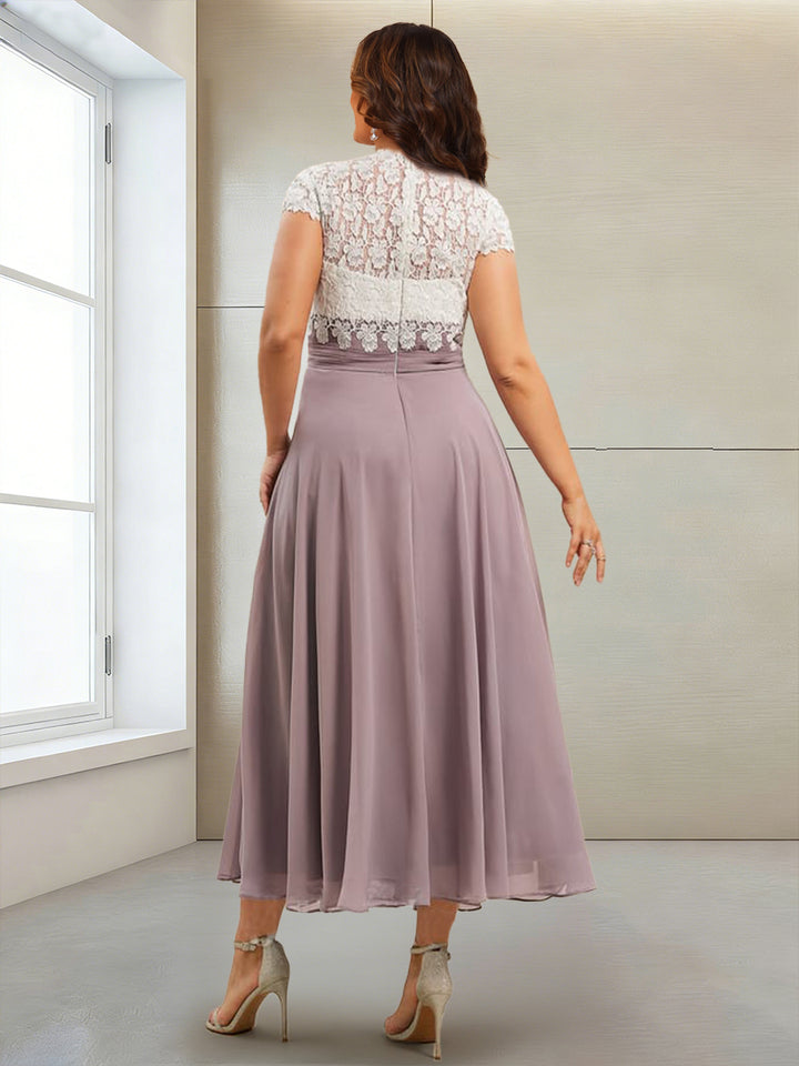A-Line/Princess Cap Sleeves V-Neck Tea-Length Plus Size Mother of the Bride Dresses with Appliques