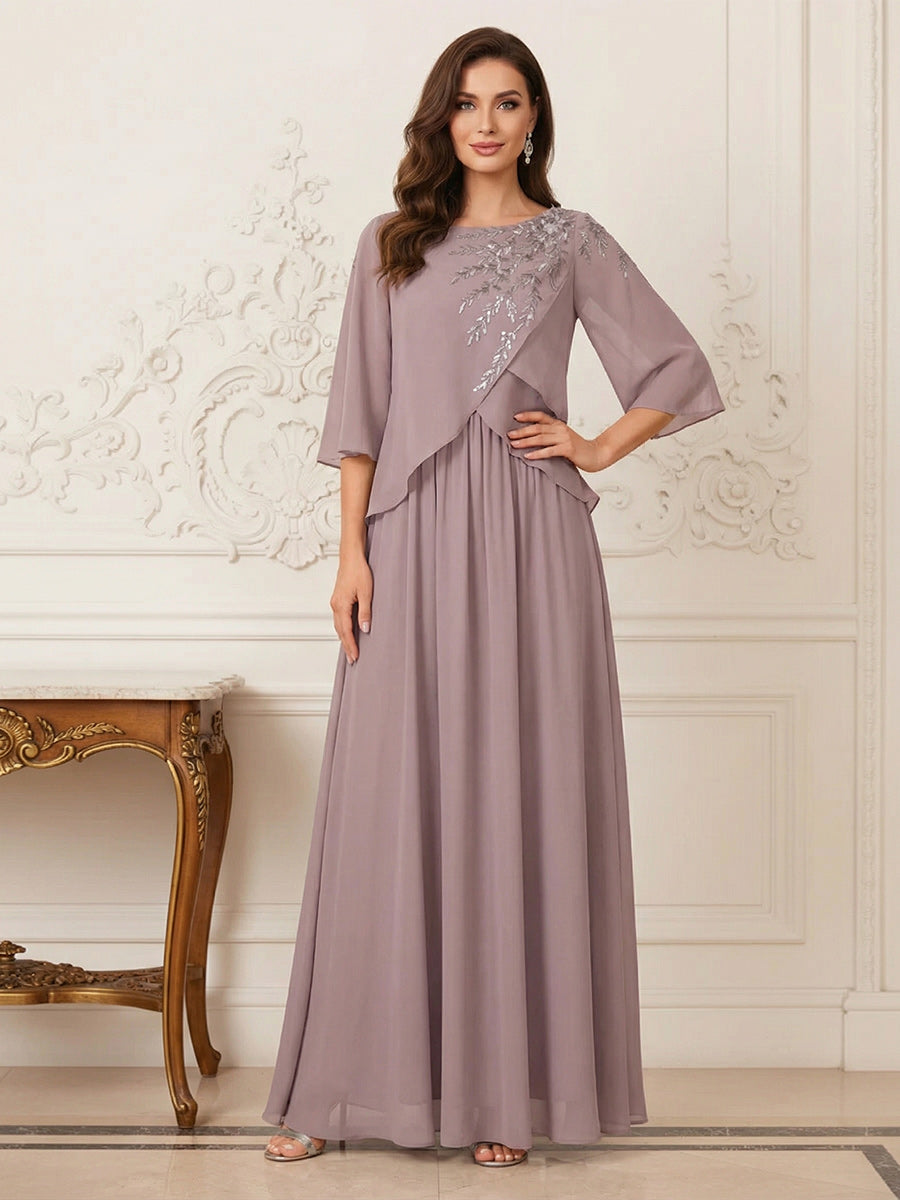 A-Line/Princess Half Sleeves Scoop Floor-Length Mother of the Bride Dresses with Appliques &amp; Sequins