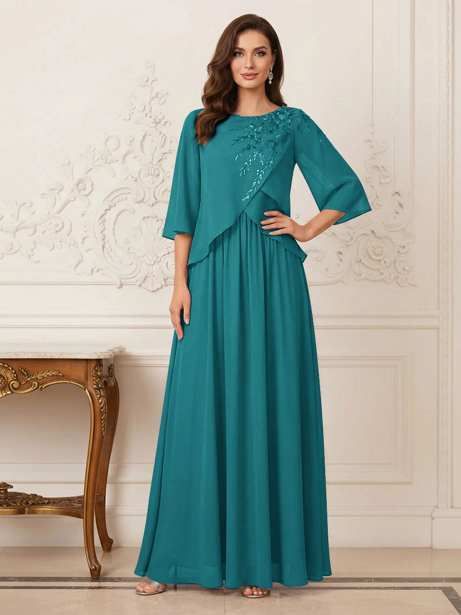 A-Line/Princess Half Sleeves Scoop Floor-Length Mother of the Bride Dresses with Appliques &amp; Sequins