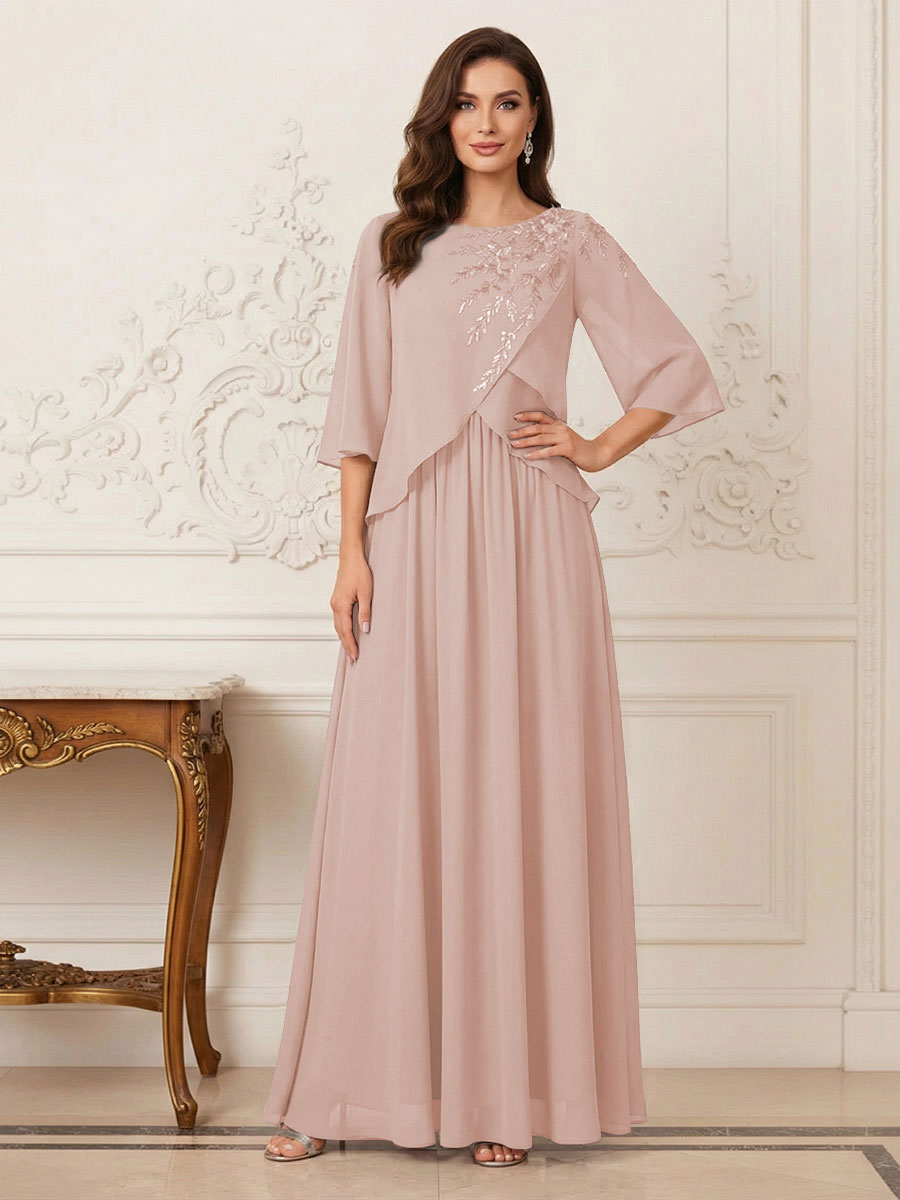 A-Line/Princess Half Sleeves Scoop Floor-Length Mother of the Bride Dresses with Appliques &amp; Sequins