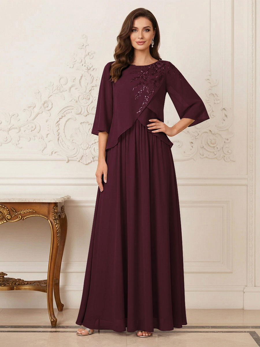 A-Line/Princess Half Sleeves Scoop Floor-Length Mother of the Bride Dresses with Appliques &amp; Sequins