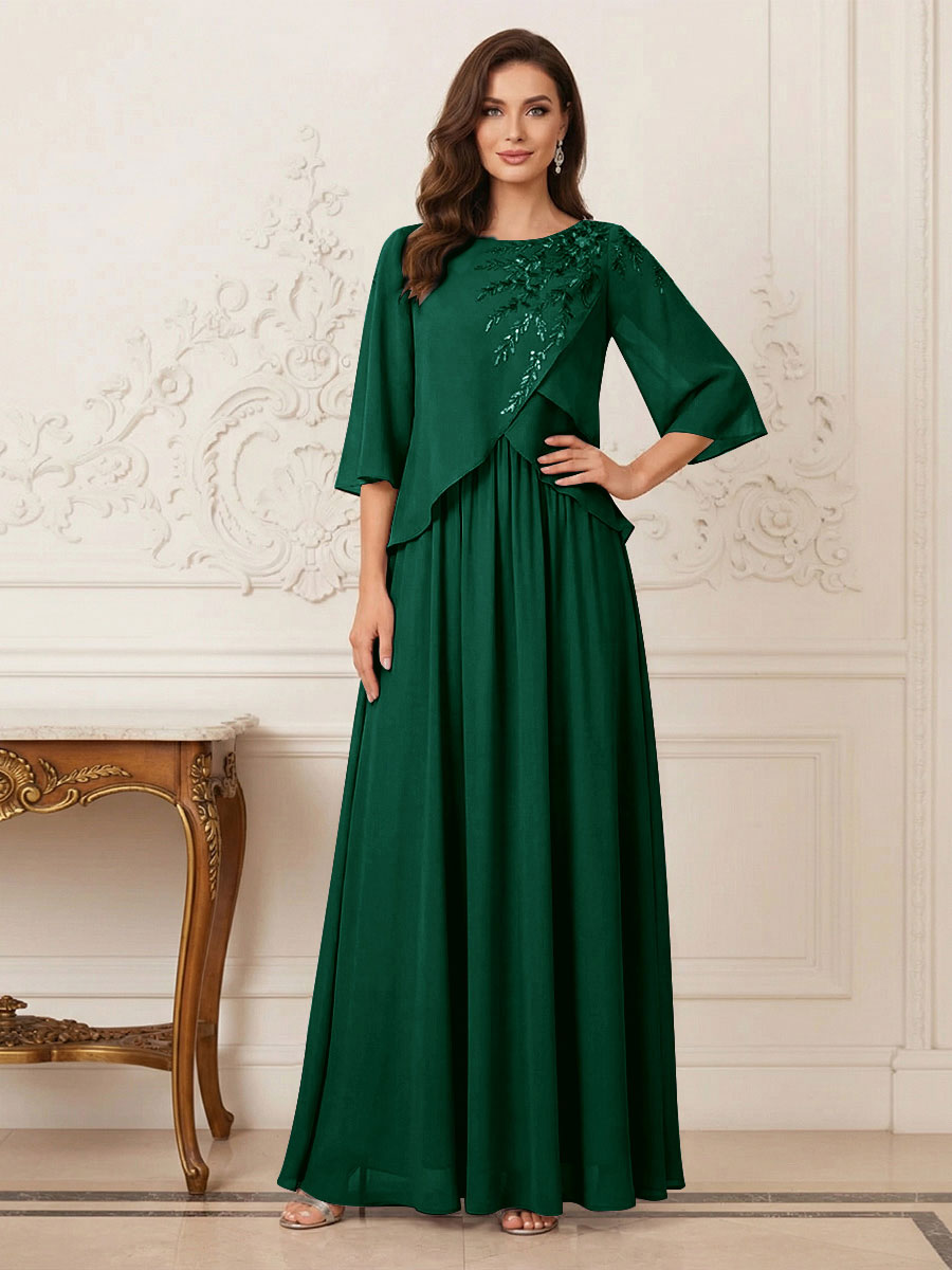 A-Line/Princess Half Sleeves Scoop Floor-Length Mother of the Bride Dresses with Appliques &amp; Sequins