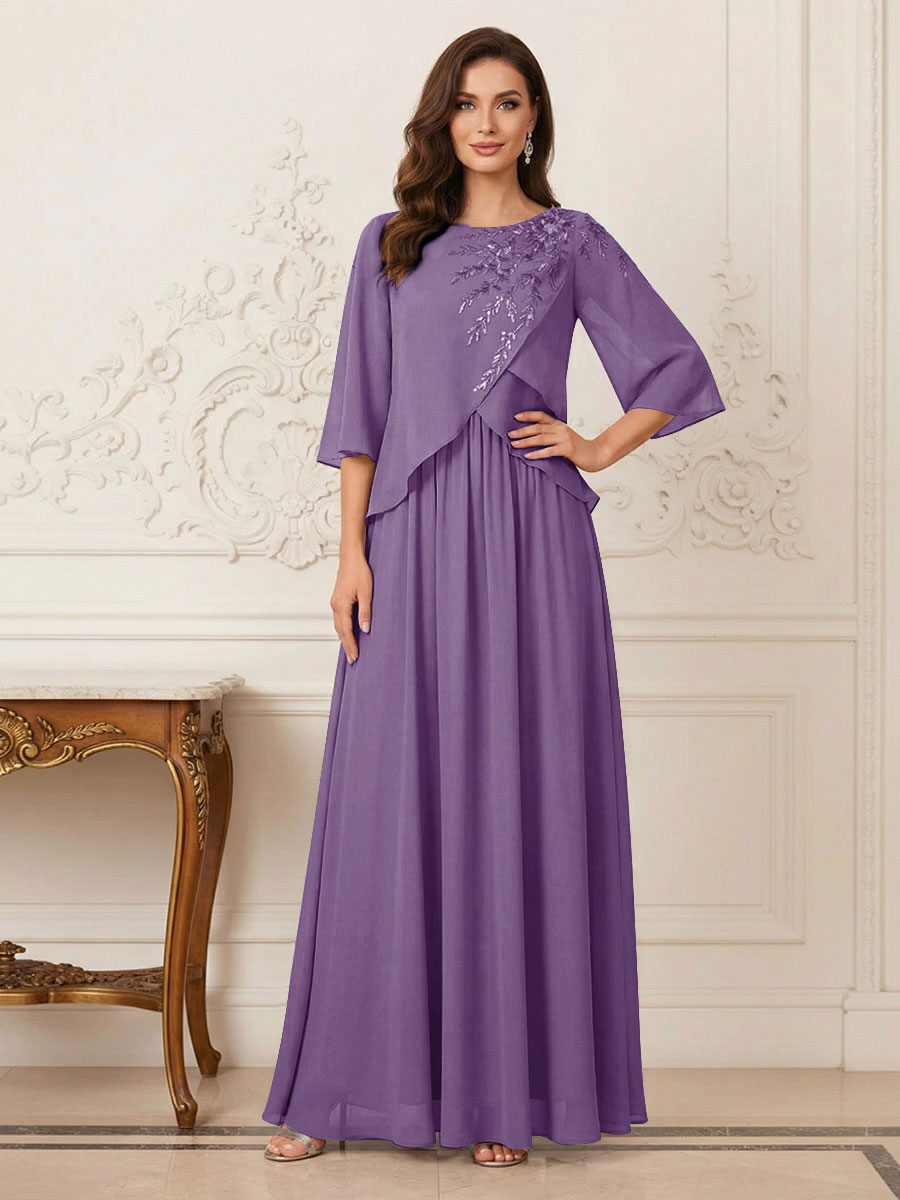 A-Line/Princess Half Sleeves Scoop Floor-Length Mother of the Bride Dresses with Appliques &amp; Sequins
