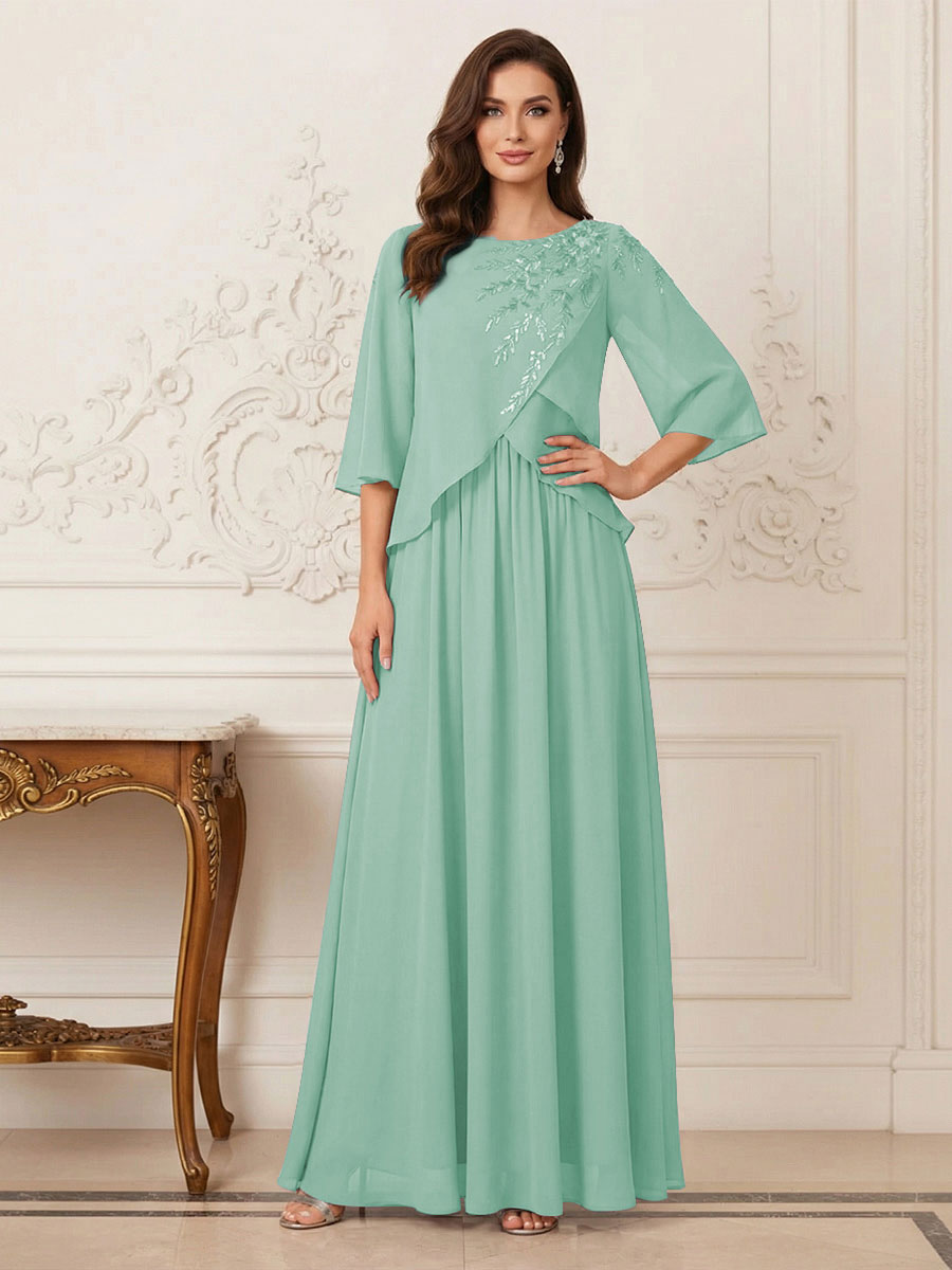 A-Line/Princess Half Sleeves Scoop Floor-Length Mother of the Bride Dresses with Appliques &amp; Sequins