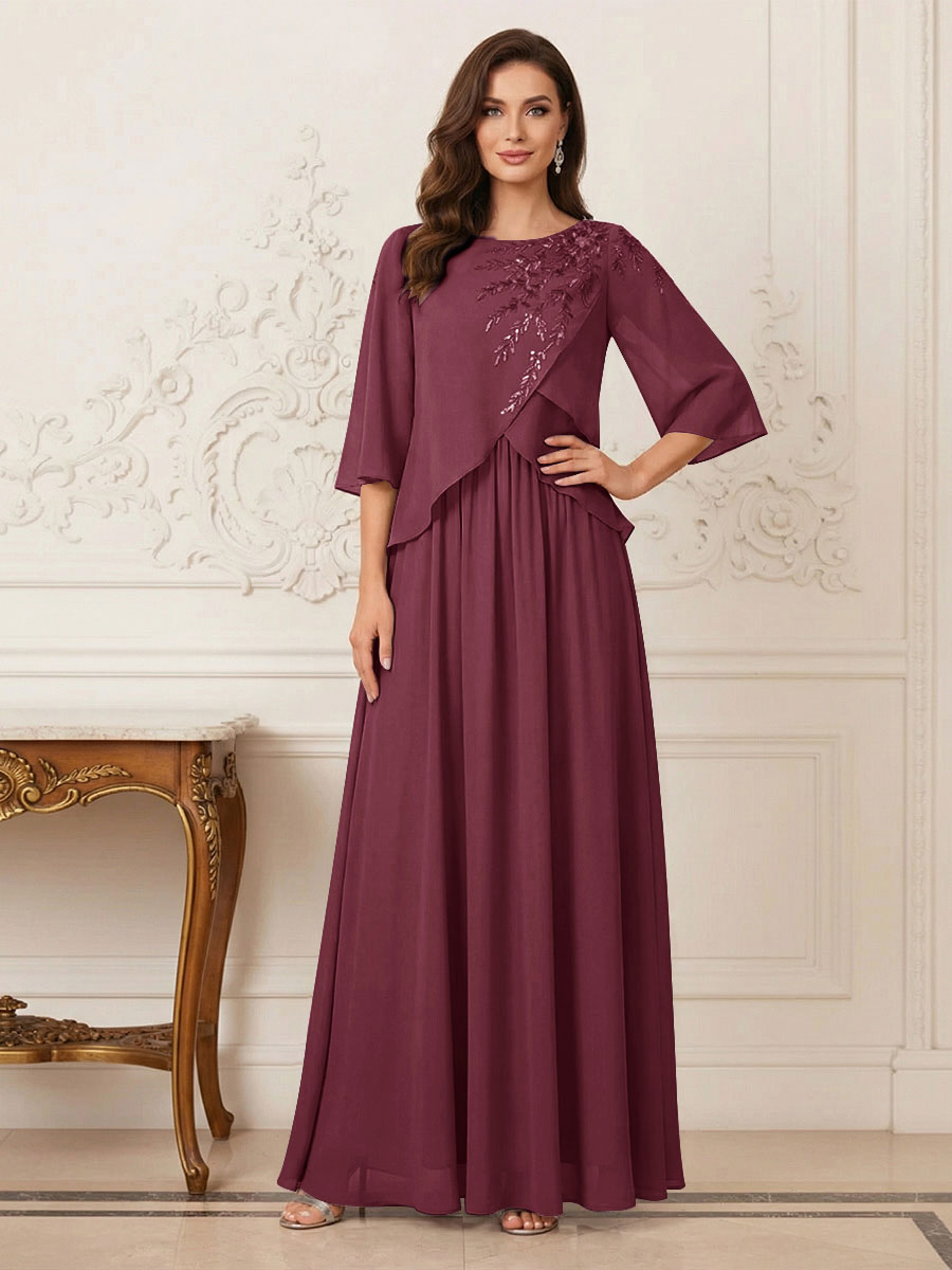 A-Line/Princess Half Sleeves Scoop Floor-Length Mother of the Bride Dresses with Appliques &amp; Sequins