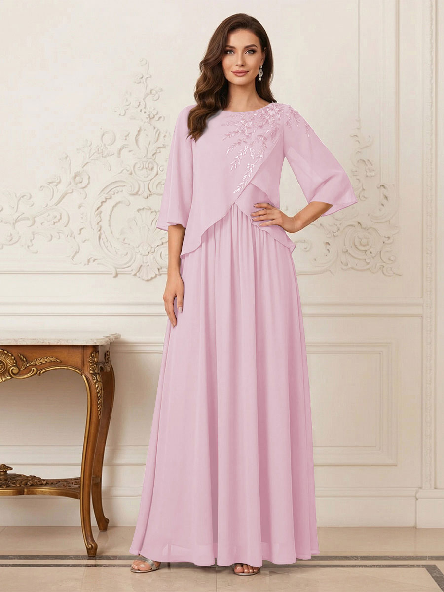 A-Line/Princess Half Sleeves Scoop Floor-Length Mother of the Bride Dresses with Appliques &amp; Sequins