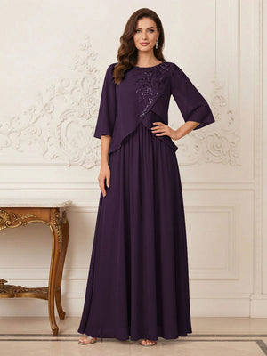 A-Line/Princess Half Sleeves Scoop Floor-Length Mother of the Bride Dresses with Appliques & Sequins