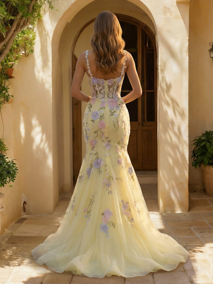 Trumpet/Mermaid Spaghetti Straps Sleeveless Long Prom Dresses with Split Side &amp; Appliques