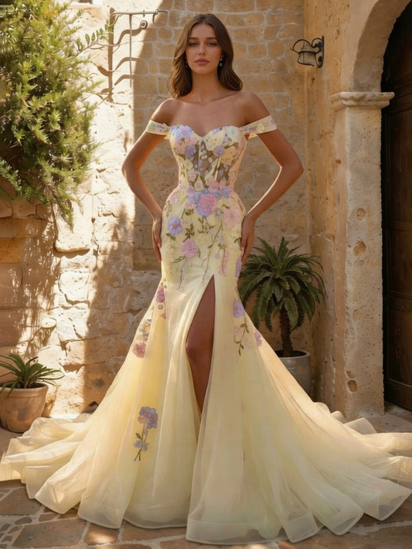 Trumpet/Mermaid Off-the-Shoulder Sweetheart Long Prom Dresses with Split Side & 3D Flowers