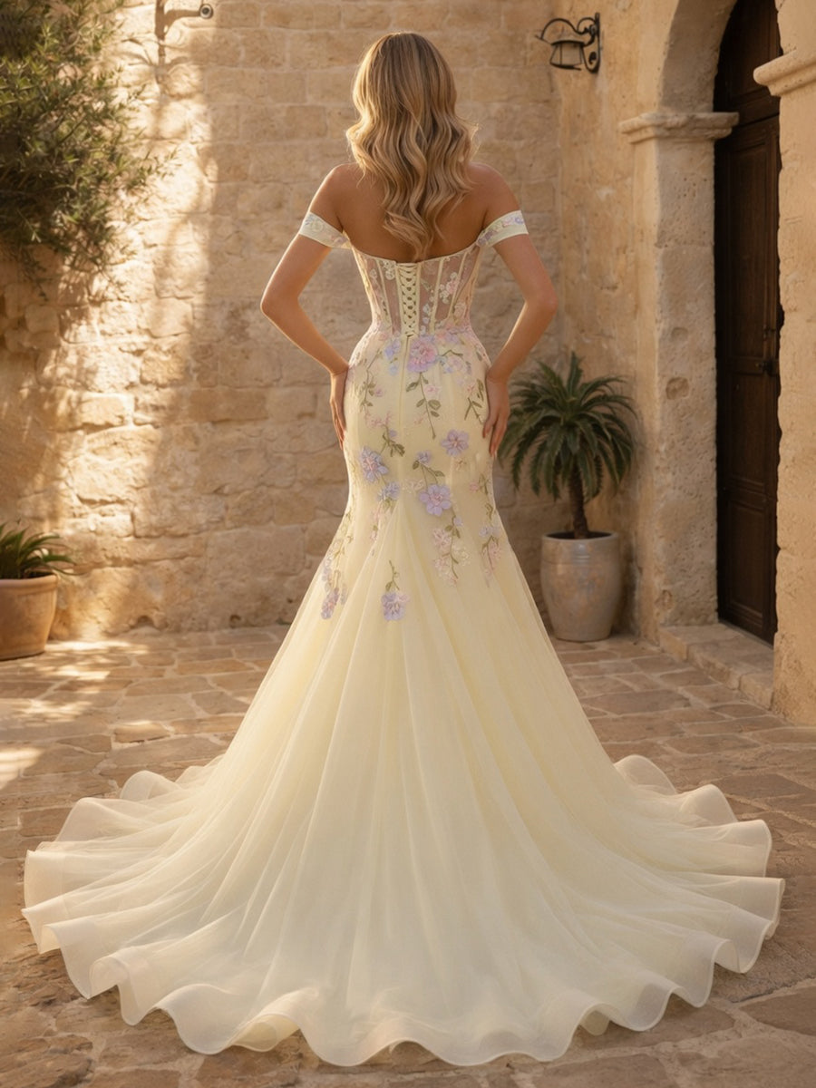 Trumpet/Mermaid Off-the-Shoulder Sweetheart Long Prom Dresses with Split Side &amp; 3D Flowers