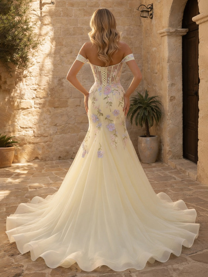 Trumpet/Mermaid Off-the-Shoulder Sweetheart Long Prom Dresses with Split Side &amp; 3D Flowers