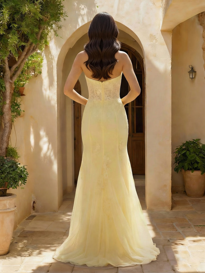 Trumpet/Mermaid Sweetheart Keyhole Sleeveless Long Prom Dresses with Appliques &amp; Split Side