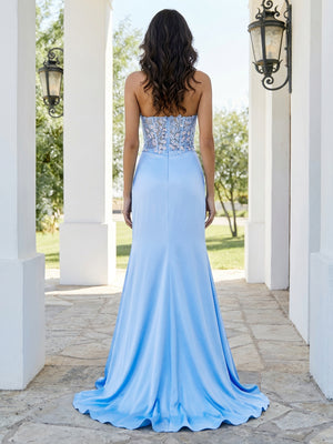 Sheath/Column Sweetheart Sleeveless Long Prom Dresses with Appliques & Split Side