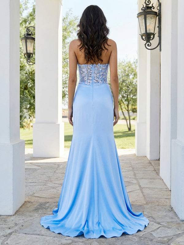 Sheath/Column Sweetheart Sleeveless Long Prom Dresses with Appliques & Split Side