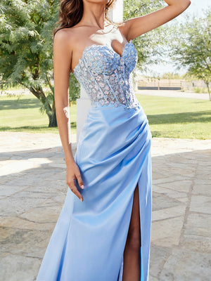 Sheath/Column Sweetheart Sleeveless Long Prom Dresses with Appliques & Split Side