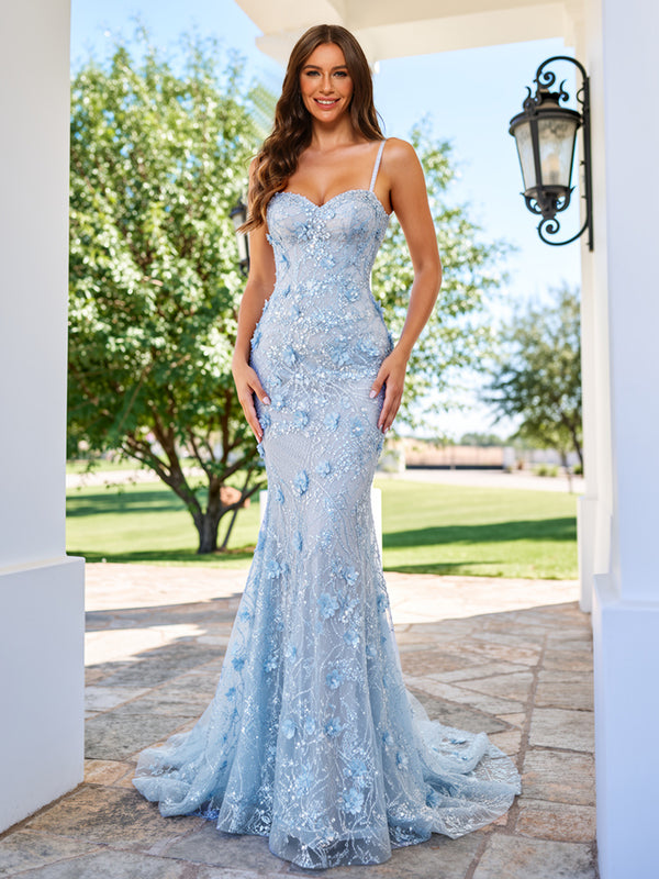 Trumpet/Mermaid Spaghetti Straps Sweetheart Long Prom Dresses with Applique & 3D Flowers