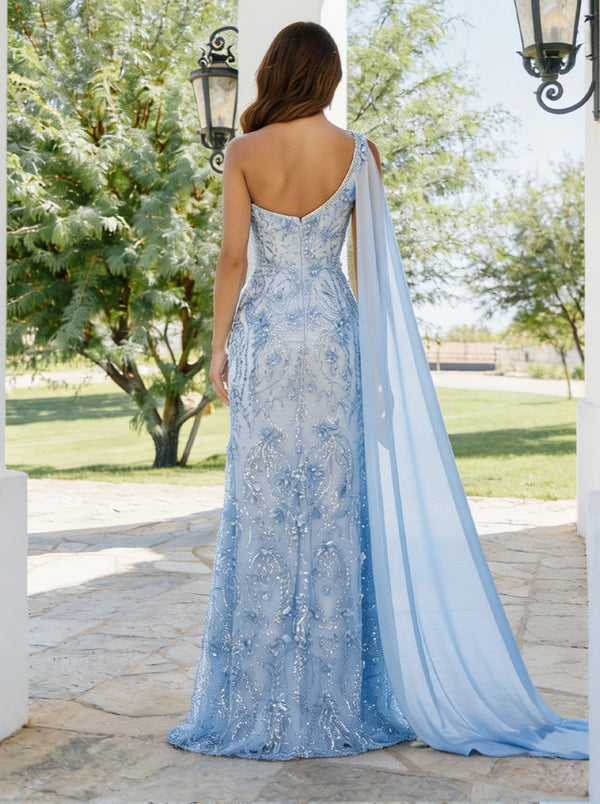 Trumpet/Mermaid One-Shoulder Sleeveless Long Prom Dresses with Appliques & Split Side