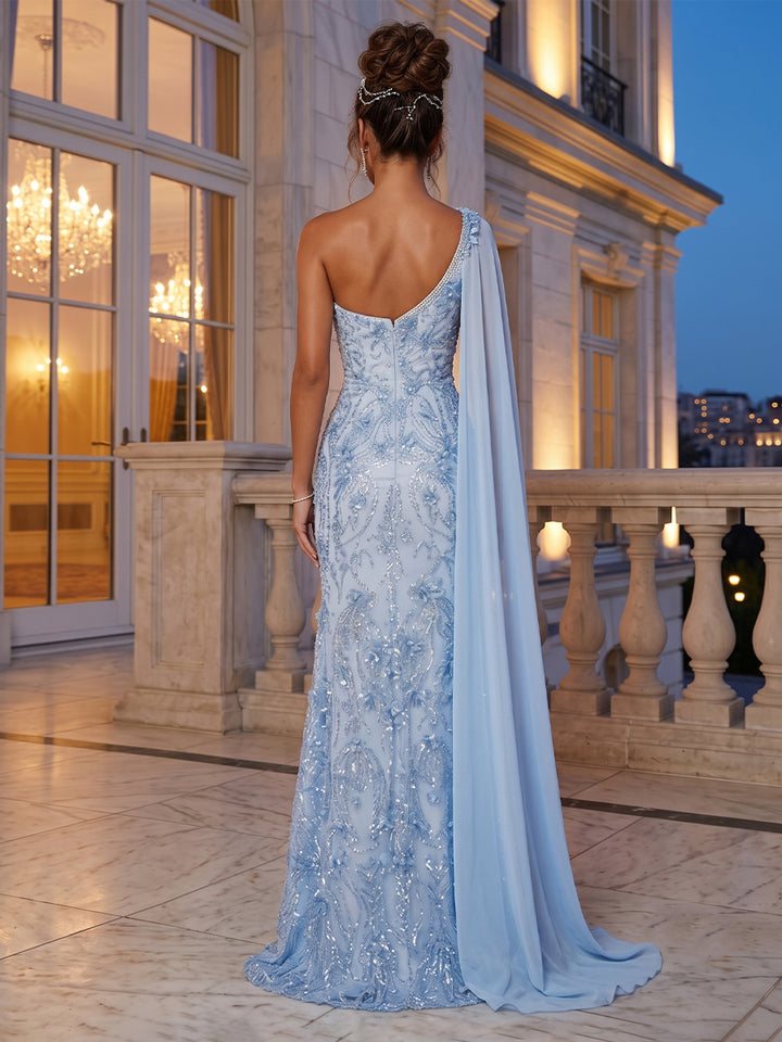 Trumpet/Mermaid One-Shoulder Sleeveless Long Evening Dresses with Appliques &amp; Split Side