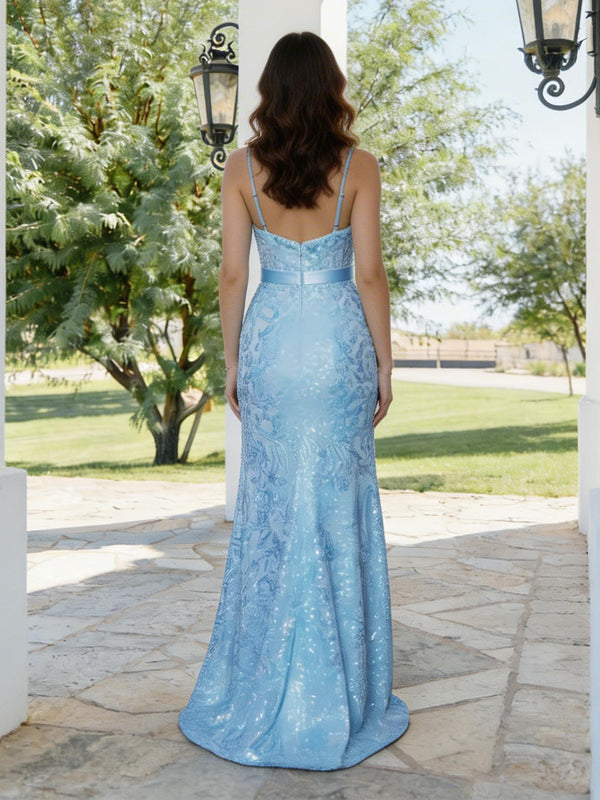 Trumpet/Mermaid Spaghetti Straps Sleeveless Long Prom Dresses with Split Side & Appliques