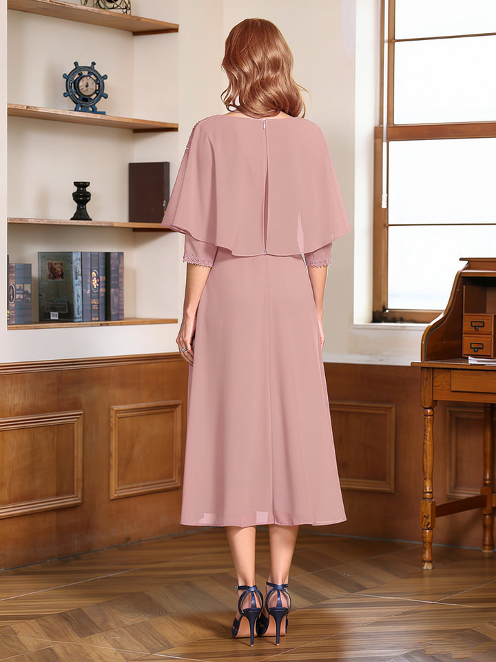 A-Line/Princess Scoop Half Sleeves Tea-Length Ruched Mother of the Bride with Beading &amp; Cape