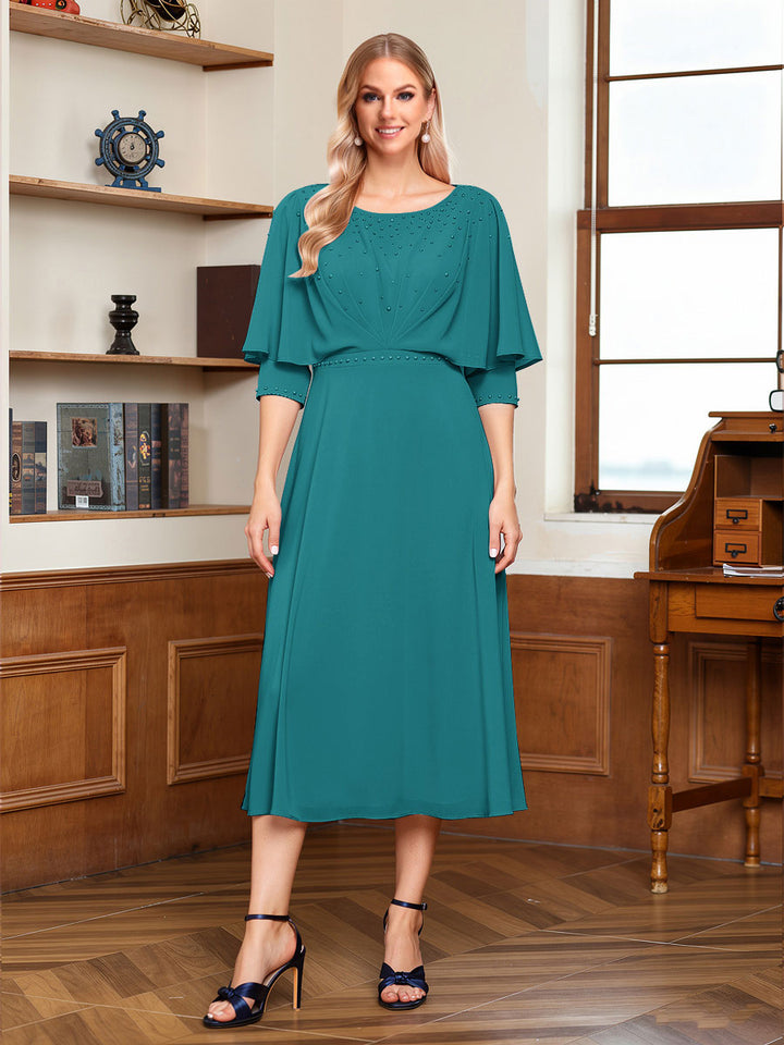A-Line/Princess Scoop Half Sleeves Tea-Length Ruched Mother of the Bride with Beading &amp; Cape