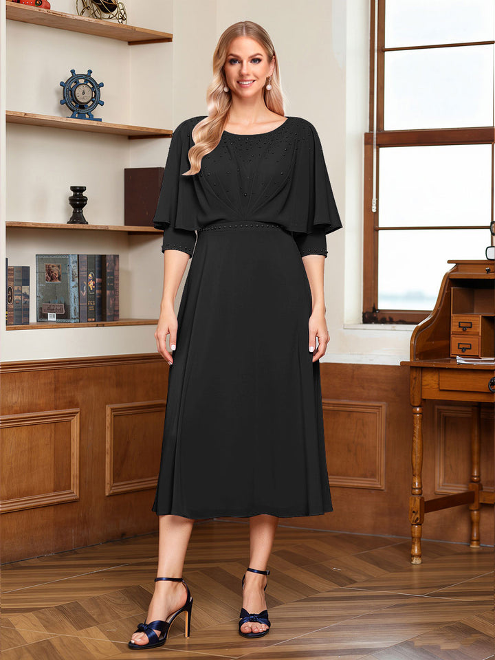 A-Line/Princess Scoop Half Sleeves Tea-Length Ruched Mother of the Bride with Beading &amp; Cape