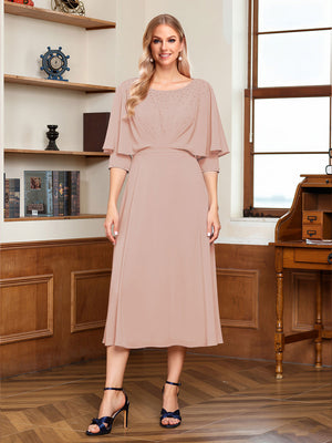 A-Line/Princess Scoop Half Sleeves Tea-Length Ruched Mother of the Bride with Beading & Cape